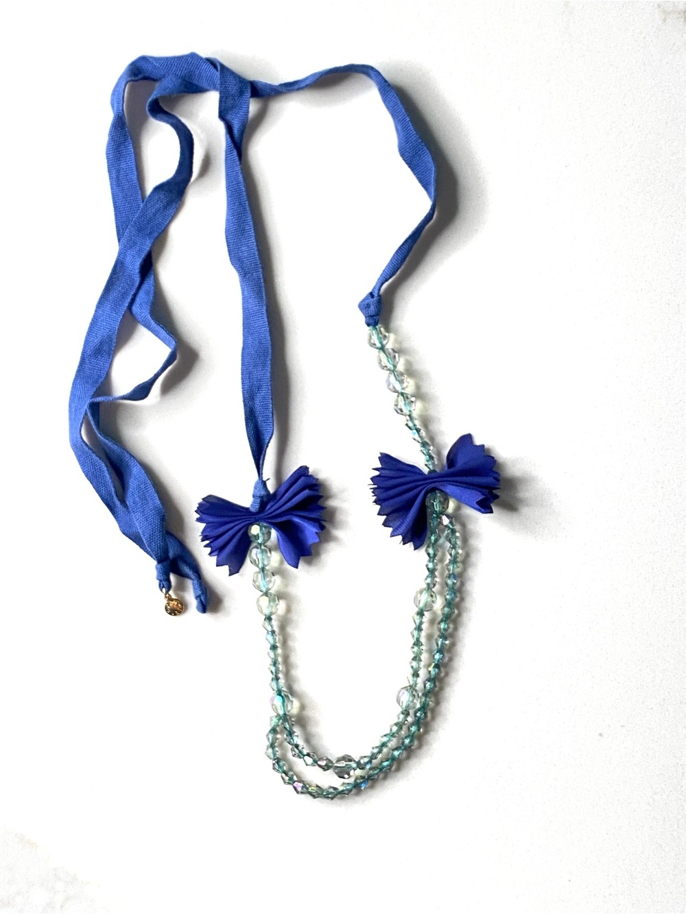 Royal Blue Ribbon & Aqua Faceted Bead Necklace